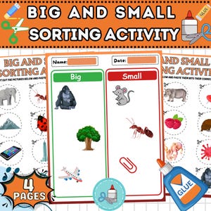 Puede incluir: Actividad educativa imprimible titulada "BIG AND SMALL SORTING ACTIVITY" con ilustraciones de objetos para clasificar. Incluye un gorila, un árbol, un ratón y una hormiga. Presenta un bote de pegamento y unas tijeras. También es visible el texto "4 PAGES".