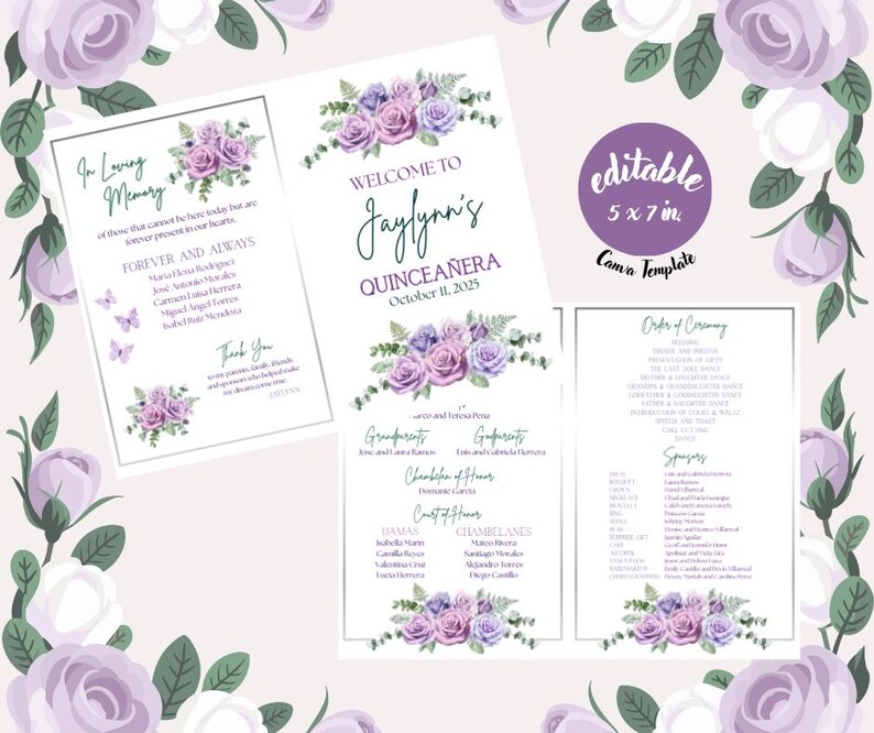 Quince Program Templates Purple Quinceañera Program Template | Editable Printable Birthday ...