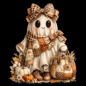 May include: A ghost figure wearing a brown and white plaid bow and scarf, holding a patchwork pumpkin-shaped basket. The ghost has large black eyes, rosy cheeks, and stands beside white and orange pumpkins on a bed of autumn leaves.