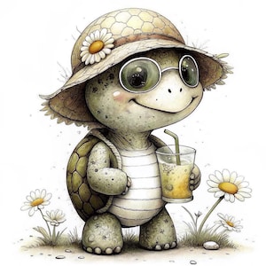 May include: A cartoon turtle wearing a straw hat with a daisy and round sunglasses, holding a glass of yellow liquid with a straw. The turtle has a green shell and is standing near daisies.