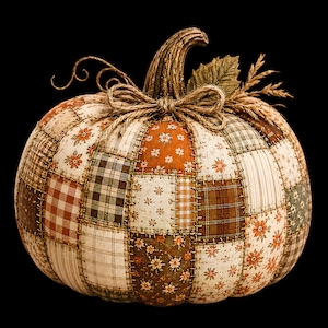 May include: A decorative fabric pumpkin constructed from various patchwork squares featuring brown, orange, and cream floral and plaid patterns. The pumpkin is topped with a textured brown stem, a jute twine bow, and dried wheat accents.