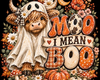Moo I Mean Boo PNG, Cute Highland Cow Ghost Halloween Sublimation (Digital Download)