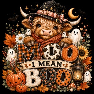 May include: A graphic illustration featuring a fluffy Highland cow wearing a witch hat, surrounded by ghosts, pumpkins, sunflowers, and autumn leaves. The text reads MOO I MEAN BOO in decorative, patterned letters against a black background.