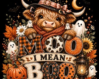 Moo I Mean Boo PNG, Western Halloween Highland Cow PNG Sublimation Design (Digital Download)