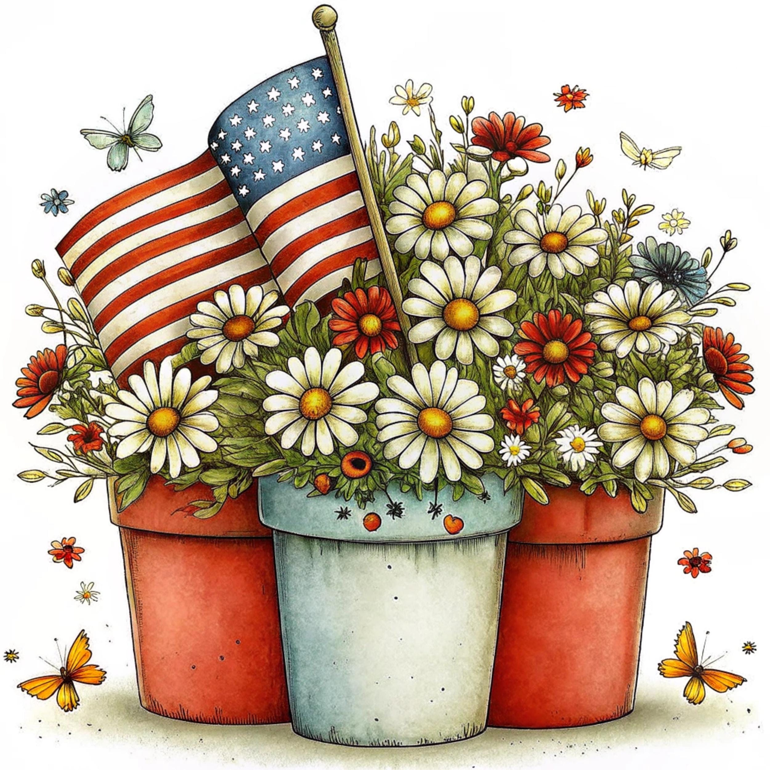 16 JPG Whimsical Patriotic Flowers Clipart – Watercolor 4th of July ...