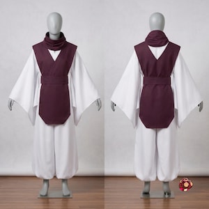 May include: A costume set featuring a white long-sleeved garment with wide sleeves, paired with a dark maroon sleeveless tunic that has a high collar and a matching waist belt. The outfit includes loose-fitting white trousers, shown from both front and back.