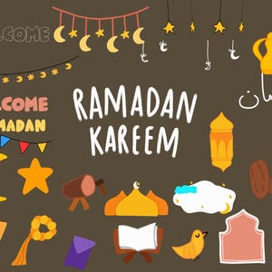 May include: A digital illustration with a brown background featuring various Ramadan-themed elements. Includes the text "Ramadan Kareem" and "Welcome Ramadan", along with crescent moons, stars, lanterns, and other festive icons.