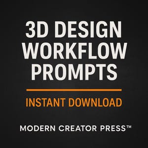 Könnte beinhalten: Schwarzer Hintergrund mit weißem Text "3D DESIGN WORKFLOW PROMPTS". Darunter eine orange Linie und der Text "INSTANT DOWNLOAD". Unten steht "MODERN CREATOR PRESS™".