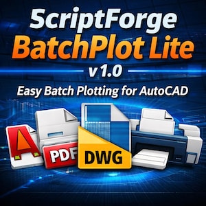 Peut inclure: Image promotionnelle pour ScriptForge BatchPlot Lite v1.0, conçu pour le traçage par lots facile dans AutoCAD. L'image présente une imprimante, des icônes de documents (PDF, DWG, etc.) et le logo du logiciel, avec un code couleur bleu et orange.