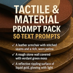 May include: A stack of textured, circular objects in shades of brown, tan, and blue. The text "TACTILE & MATERIAL PROMPT PACK 50 TEXT PROMPTS" is displayed in large, bold letters. Below, three descriptive prompts are listed.