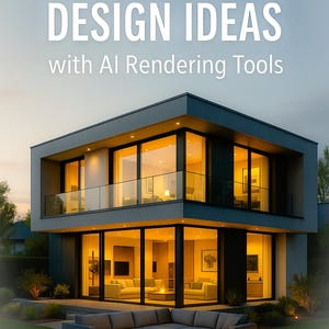 May include: Book cover featuring a modern two-story house with large windows and warm interior lighting. The text "MODERN HOME DESIGN IDEAS with AI Rendering Tools" is displayed at the top, with the author's name, JUAN GALLEGOS, at the bottom.