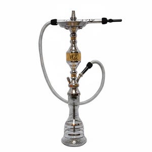 Cachimba Khalil Mamoon de 87 cm, color plata y oro – Auténtica forjada artesanalmente en Egipto, incluye todos los accesorios.