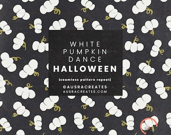 Weiß spielerisches Halloween-Muster von Herbstkürbissen auf Schwarz - Nahtlos wiederholende Kachel - digitaler Download für den persönlichen und geschäftlichen Gebrauch