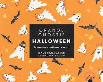 Niedliche adrette verspielte Halloween Boho Geister orange Musterkachel - sich nahtlos wiederholender Herbst digitaler Download für den persönlichen und geschäftlichen Gebrauch