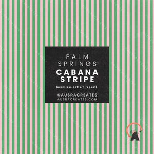 Puede incluir: Patrón sin costuras con rayas verticales verdes y rosas. El diseño incluye el texto "PALM SPRINGS CABANA STRIPE" en un cuadrado negro, junto con la dirección del sitio web ausracreates.com.