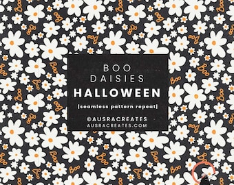 Niedliche Boo Ditsy Gänseblümchen Halloween Blumenmuster Fliese Schwarz Orange - Nahtloses wiederholendes Herbstmuster für den persönlichen und geschäftlichen Gebrauch
