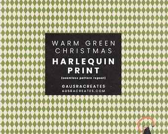 Patrón navideño geométrico de arlequín en verde cálido: patrón festivo sin costuras en verde sobre crema que se repite - Para uso personal y comercial (descarga digital)