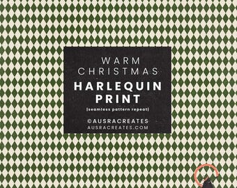 Patrón navideño geométrico de arlequín cálido: verde intenso sobre crema, patrón festivo sin costuras que se repite - Para uso personal y comercial (descarga digital)