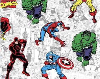 Avengers Fabric: Retro Comic Book Print, 100% Cotton (By the 1/2 Yard)