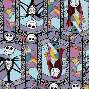 May include: A repeating pattern featuring characters from The Nightmare Before Christmas. The design includes Jack Skellington, Sally, and other elements in a stained-glass style with a purple, blue, and multi-colored palette.