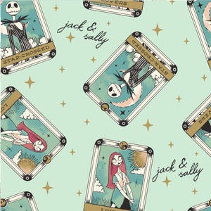 May include: A repeating pattern featuring tarot card illustrations of Jack and Sally from The Nightmare Before Christmas. The cards have a teal background with gold stars and the words "jack & sally". The cards feature the words "STAR-CROSSED" and "LOVERS".