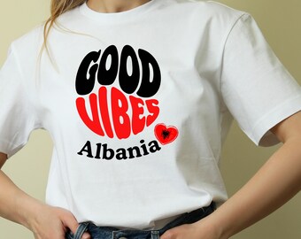 Albania Good Vibes Retro Shirt | Albania Souvenir Gift, Flag Heart Groovy Tee for Travelers