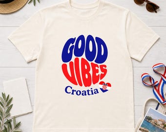 Kroatien Good Vibes Retro Shirt | Kroatisches Souvenir Geschenk, Flaggen-Herz-Groovy-T-Stück für Reisende