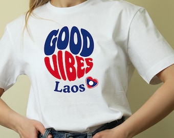 Laos Good Vibes Retro Shirt | Laos Souvenir Clothing, Flag Heart Groovy Tee for Travelers
