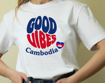 Cambodia Good Vibes Retro T-shirt | Cambodia Souvenir Gift, Flag Heart Groovy Tee for Travelers