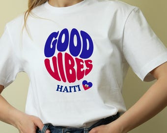 Haiti Good Vibes Retro T-shirt | Haitian Souvenir Gift, Groovy Flag Heart Tee for Travelers