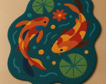 Handmade Wool Koi Fish Tufted Rug, Japanese Pond Style Carpet