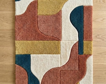 Abstract Terracotta Hand-Tufted Rug-Mid Century Geometric Carpet