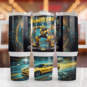 May include: A stainless steel tumbler with a handle featuring a graphic of the character Bumblebee, the text BUMBLEBEE FAST LOYAL FEARLESS, and a yellow sports car. The design includes blue and yellow circuit board patterns on a black background.