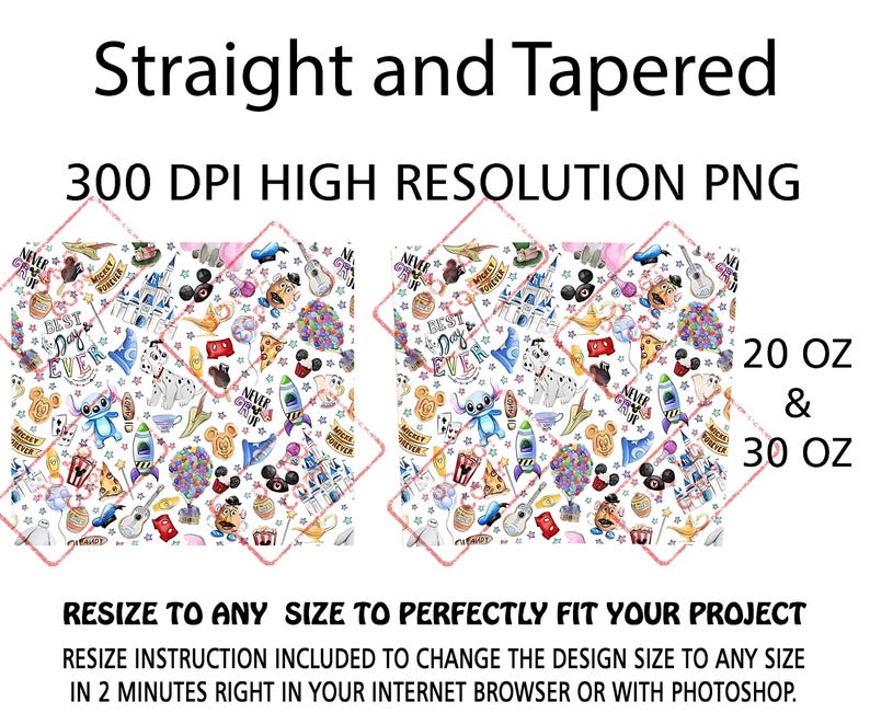 May include: A white background with a colorful pattern of cartoon characters and objects. The text "Straight and Tapered" and "300 DPI HIGH RESOLUTION PNG" are at the top. The image also includes text that says "20 OZ & 30 OZ".