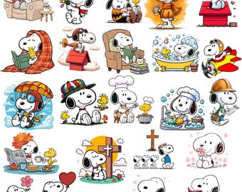 May include: A collection of Snoopy illustrations in various poses and settings. Snoopy is depicted reading, cooking, flying a plane, and more. The word "Snoopy" is written in a playful font at the bottom.