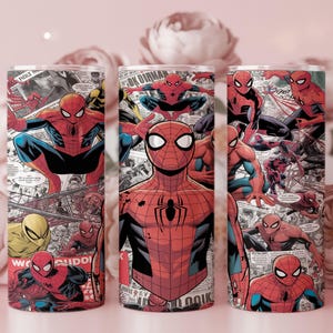K&ouml;nnte beinhalten: Drei Edelstahlbecher mit einem Spider-Man-Comic-Design. Die Becher zeigen Spider-Man in verschiedenen Actionposen vor dem Hintergrund von Comic-Panels in Rot, Blau und Schwarz.