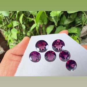 Könnte beinhalten: Sechs runde, facettierte, tiefrot-violette Edelsteine ​​werden auf einer weißen Oberfläche präsentiert. Die Edelsteine ​​sind in einer Gruppe angeordnet und zeigen ihre polierten Oberflächen und ihre lebendige Farbe. Der Hintergrund zeigt grünes Laub.