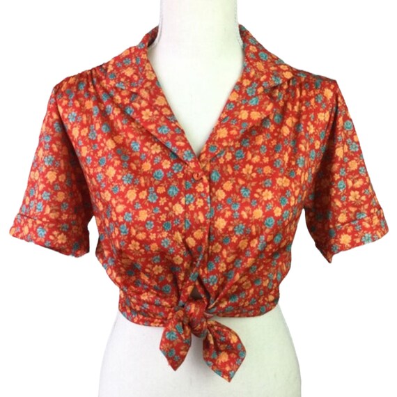 Vintage 1970’s Red, Blue, & Yellow Floral Blouse,… - image 6