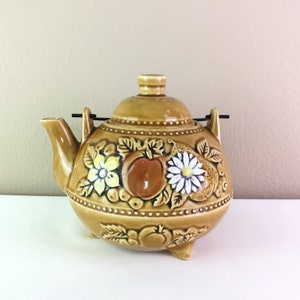 Vintage 1970's Boho, Retro, Ceramic Glazed Golden Yellow Japan Teapot With Fruit/Floral Pattern