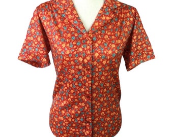 Vintage 1970’s Red, Blue, & Yellow Floral Blouse, Size XS