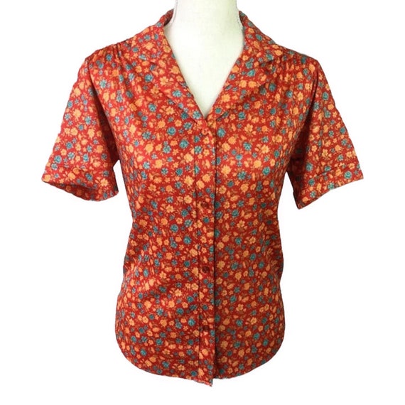 Vintage 1970’s Red, Blue, & Yellow Floral Blouse,… - image 1