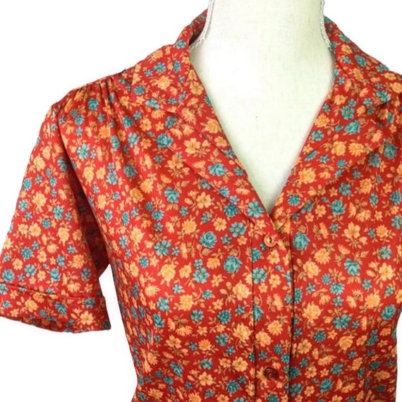 Vintage 1970’s Red, Blue, & Yellow Floral Blouse,… - image 4