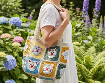Handmade Crochet Cat Tote Bag – Colorful Knitted Shoulder Bag
