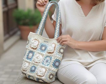 Handmade Crochet Tote Bag, Floral Granny Square Shoulder Bag, Boho Knitted Aesthetic Purse, Vintage Style Everyday Tote, Gift for Her