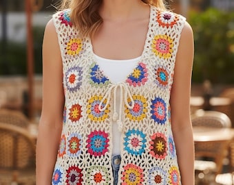 Handmade Crochet Granny Square Vest, Boho Hippie Festival Top