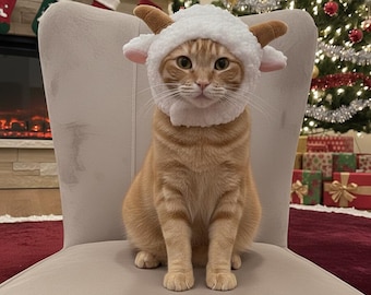 Cute Cat Sheep Costume – Funny Ram Horns Pet Hat for Cats & Small Pets – Soft Fluffy Animal Cosplay Hood – Halloween