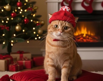 Cute Knit Cat Hat with Pom Pom – Winter Pet Beanie – Cozy Cat Outfit Photo Prop