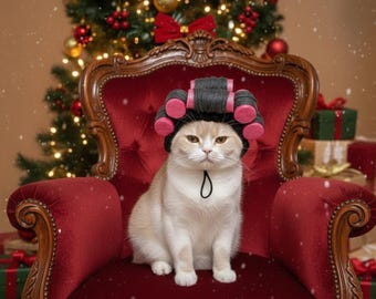 Cute Cat in Pink Curlers Costume – Funny Pet Outfit Photo Prop – Adorable Kitty Cosplay Accessory