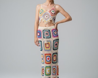 Crochet Granny Square Skirt Set, Boho Festival Outfit
