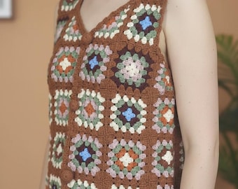 Handmade Crochet Granny Square Vest – 70s Retro Boho Knit Waistcoat
